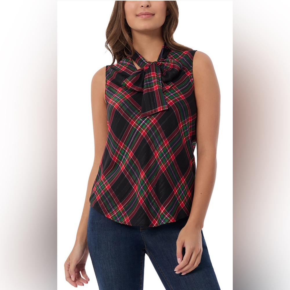 Jones New York Red and Black TartanPlaid Sleeveless Blouse